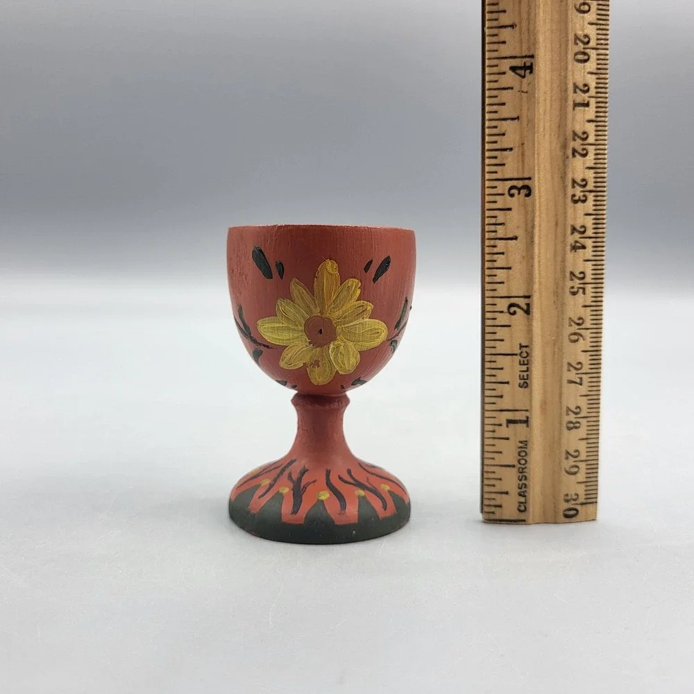 Vintage Wooden Hand Painted Egg Cup Red Floral Design Kitchen Art Folk Decor 2